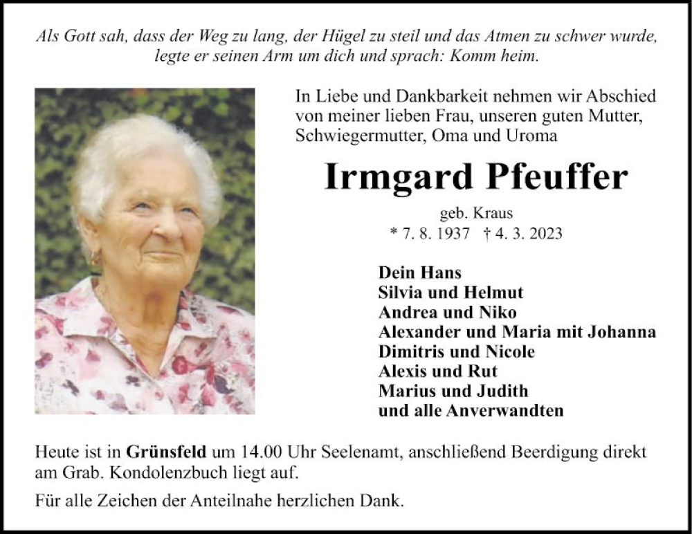  Traueranzeige für Irmgard Pfeuffer vom 07.03.2023 aus Fränkische Nachrichten