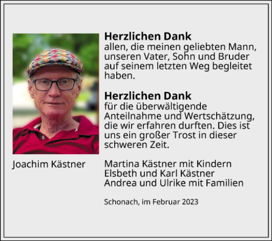 Traueranzeige von Joachim Kästner von Fränkische Nachrichten