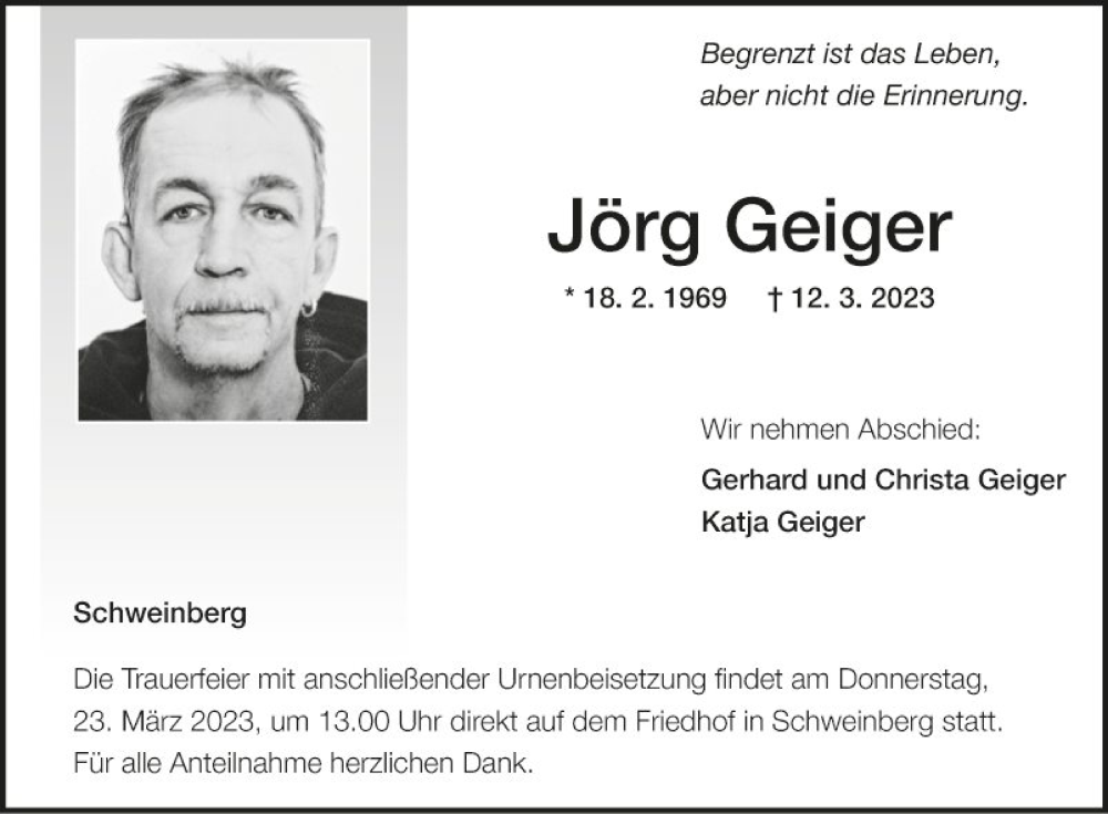  Traueranzeige für Jörg Geiger vom 18.03.2023 aus Fränkische Nachrichten