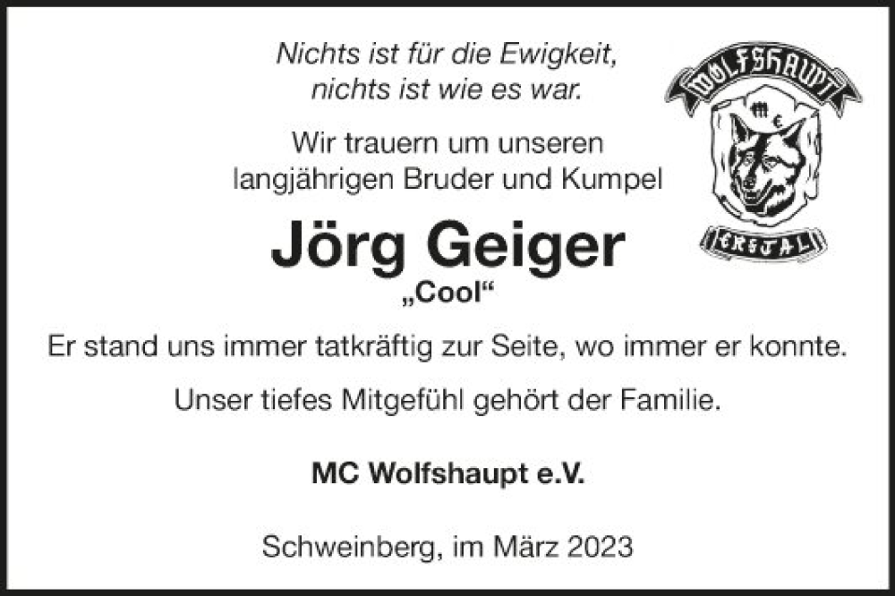  Traueranzeige für Jörg Geiger vom 23.03.2023 aus Fränkische Nachrichten
