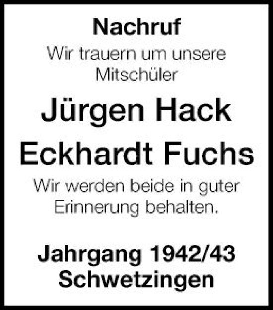 Traueranzeige von Jürgen Hack von Schwetzinger Zeitung