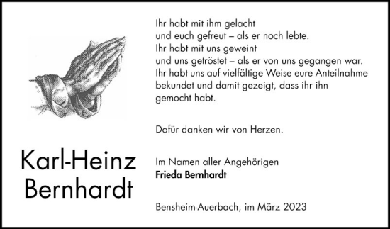 Traueranzeige von Karl-Heinz Bernhardt von Bergsträßer Anzeiger