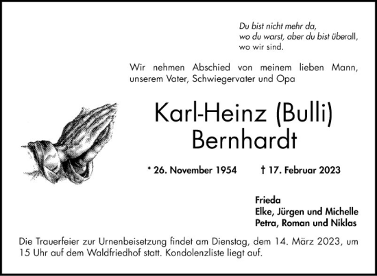 Traueranzeige von Karl-Heinz Bernhardt von Bergsträßer Anzeiger
