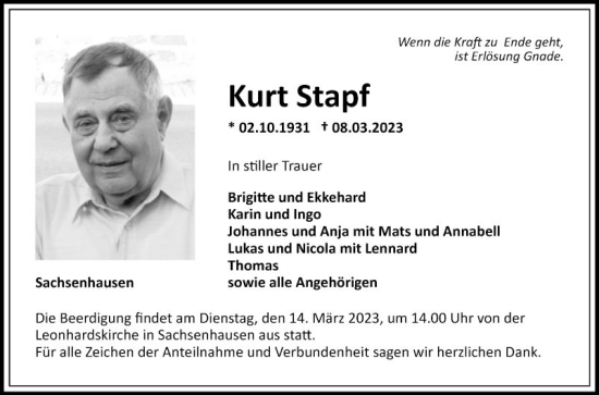 Traueranzeige von Kurt Stapf von Fränkische Nachrichten