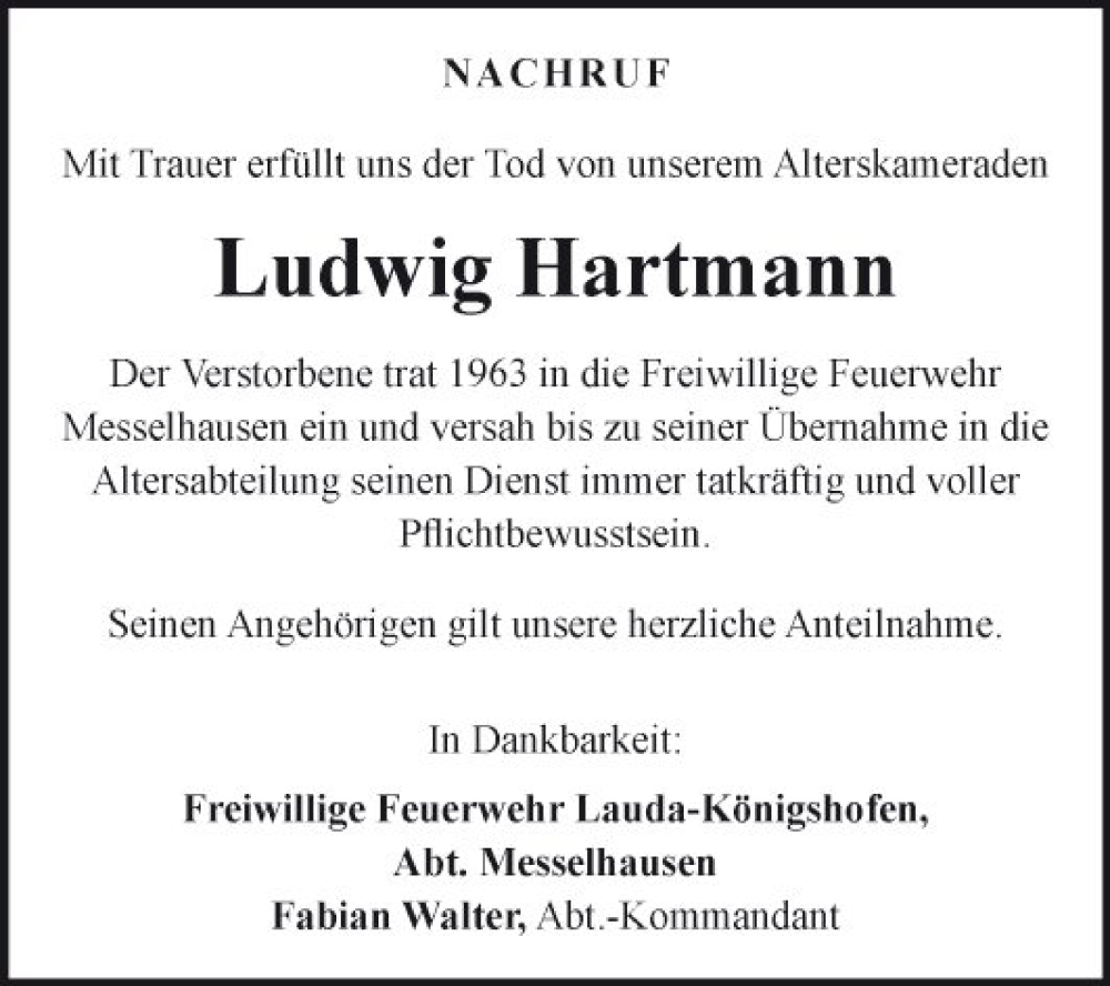  Traueranzeige für Ludwig Hartmann vom 31.03.2023 aus Fränkische Nachrichten