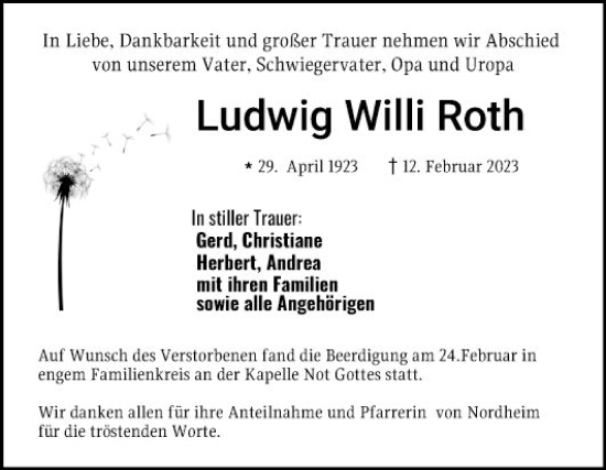 Traueranzeige von Ludwig Willi Roth von Bergsträßer Anzeiger