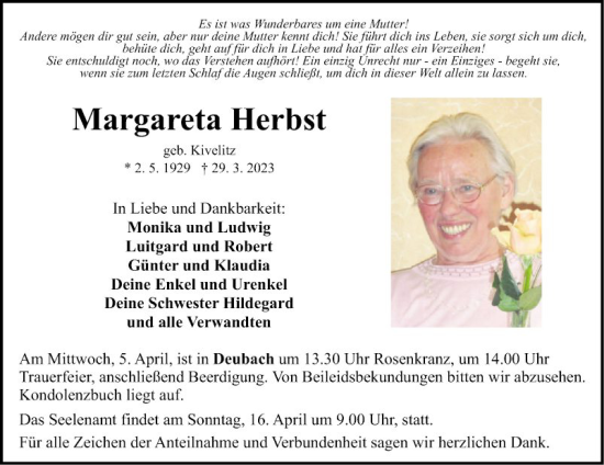 Traueranzeige von Margareta Herbst von Fränkische Nachrichten