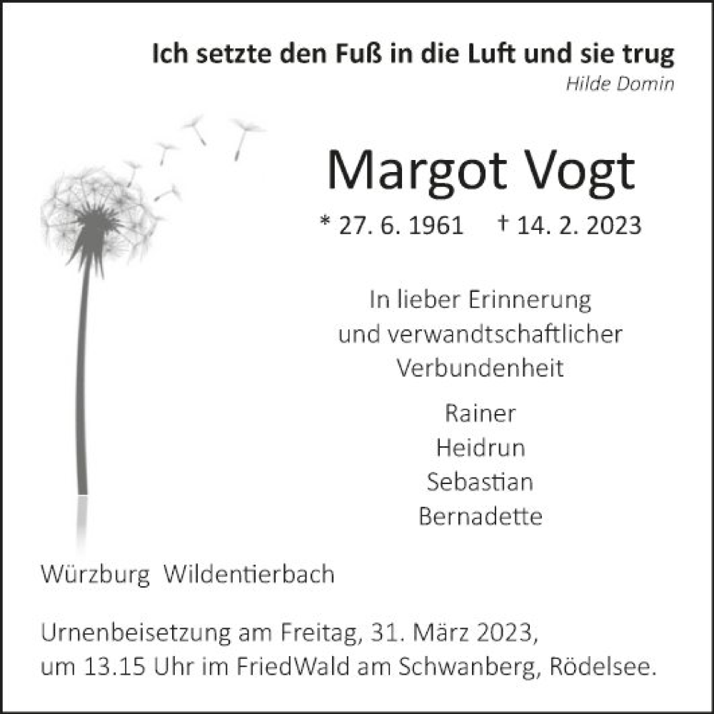  Traueranzeige für Margot Vogt vom 28.03.2023 aus Fränkische Nachrichten