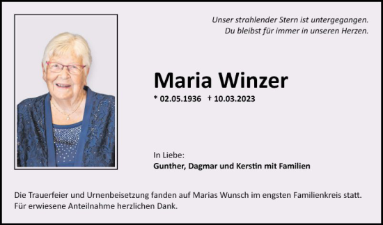 Traueranzeige von Maria Winzer von Fränkische Nachrichten