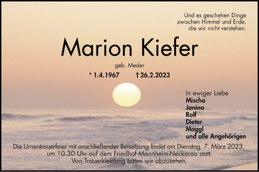  Traueranzeige für Marion Kiefer vom 04.03.2023 aus Mannheimer Morgen