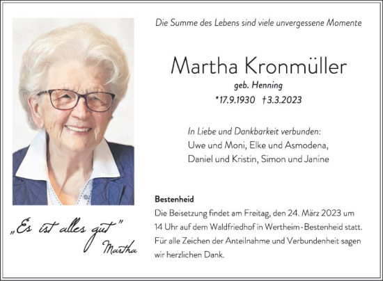 Traueranzeige von Martha Kronmülier von Fränkische Nachrichten