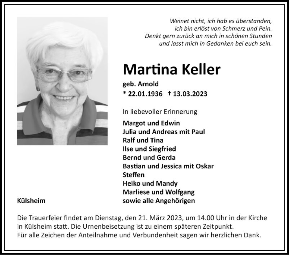  Traueranzeige für Martina Keller vom 18.03.2023 aus Fränkische Nachrichten