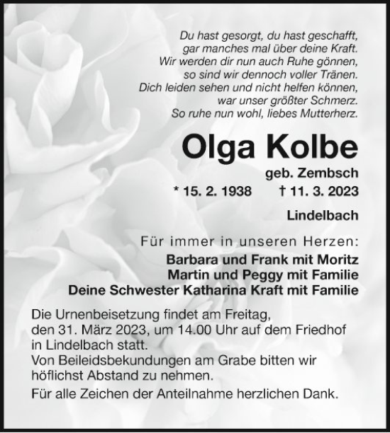 Traueranzeige von Olga Kolbe von Fränkische Nachrichten
