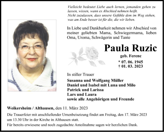 Traueranzeige von Paula Ruzic von Fränkische Nachrichten