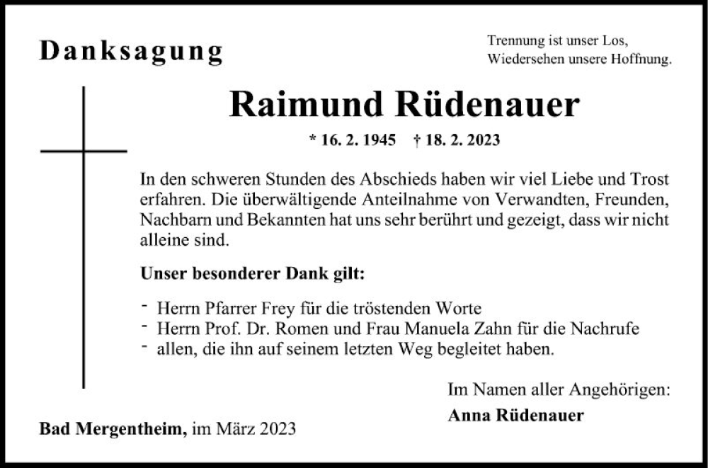  Traueranzeige für Raimund Rüdenauer vom 15.03.2023 aus Fränkische Nachrichten