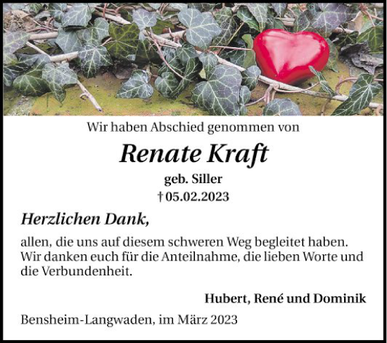 Traueranzeige von Renate Kraft von Bergsträßer Anzeiger