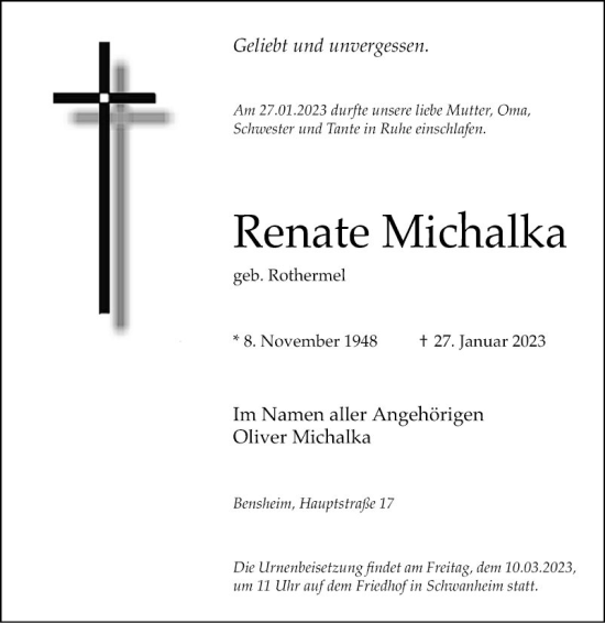 Traueranzeige von Renate Michalka von Bergsträßer Anzeiger