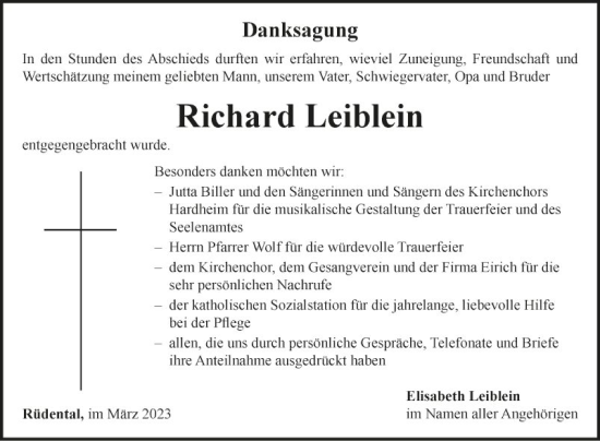 Traueranzeige von Richard Leiblein von Fränkische Nachrichten