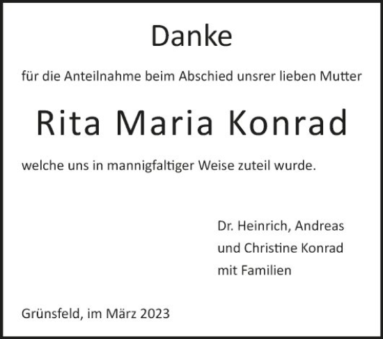 Traueranzeige von Rita Maria Konrad von Fränkische Nachrichten