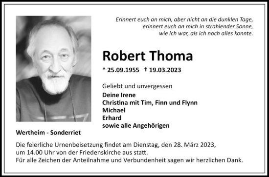 Traueranzeige von Robert Thoma von Fränkische Nachrichten