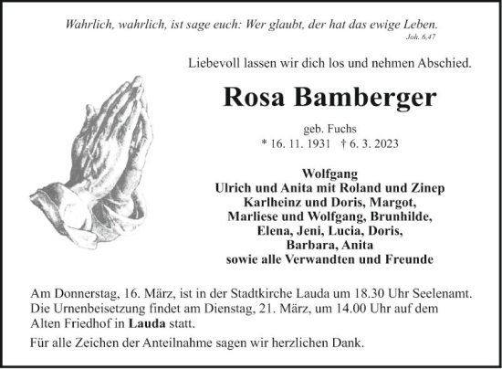 Traueranzeige von Rosa Bamberger von Fränkische Nachrichten