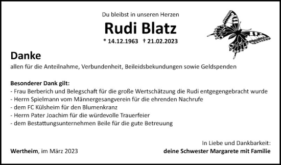 Traueranzeige von Rudi Blatz von Fränkische Nachrichten