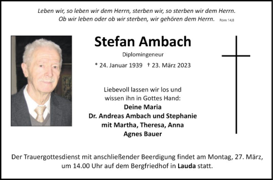 Traueranzeige von Stefan Ambach von Fränkische Nachrichten