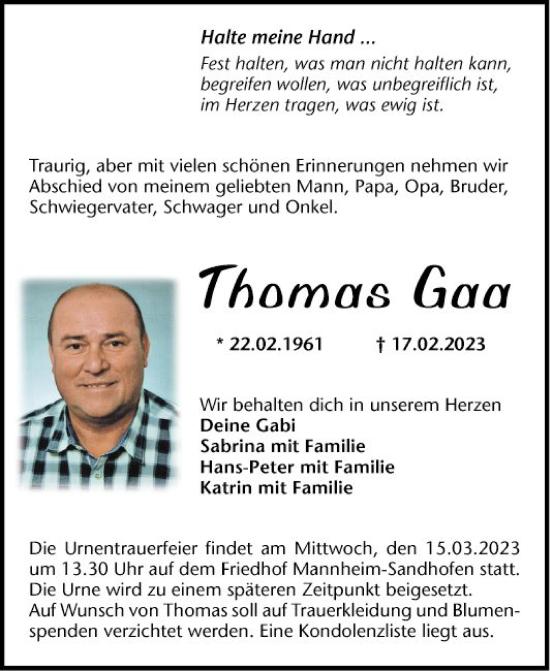 Traueranzeige von Thomas Gaa von Mannheimer Morgen