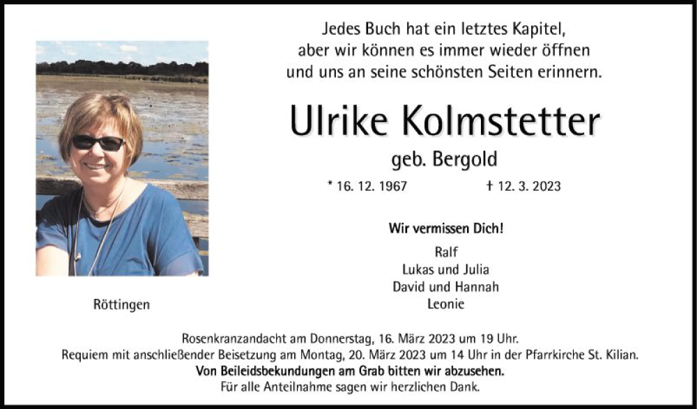  Traueranzeige für Ulrike Kolmstetter vom 15.03.2023 aus Fränkische Nachrichten
