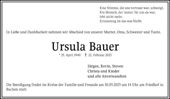 Traueranzeige von Ursula Bauer von Fränkische Nachrichten