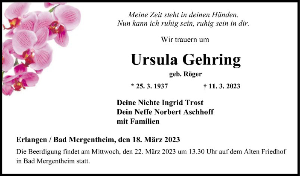  Traueranzeige für Ursula Gehring vom 18.03.2023 aus Fränkische Nachrichten