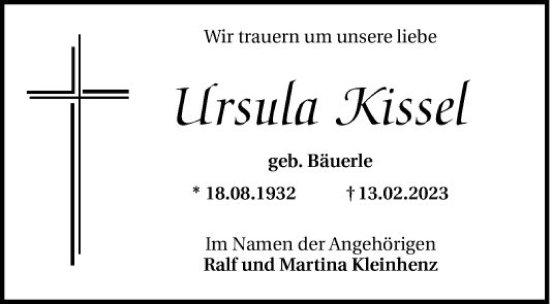 Traueranzeige von Ursula Kissel von Mannheimer Morgen
