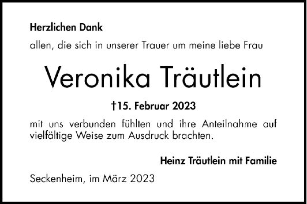 Traueranzeige für Veronika Träutlein vom 17.03.2023 aus Mannheimer Morgen