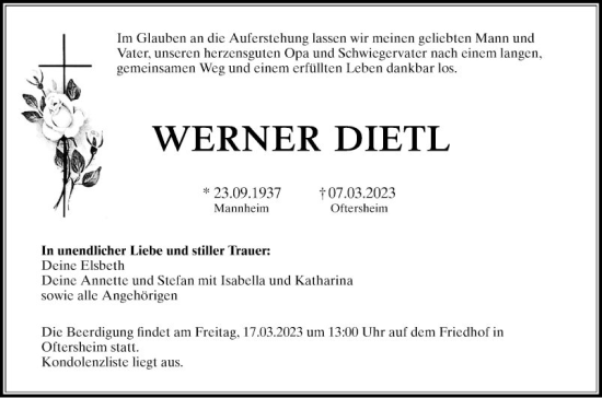 Traueranzeige von Werner Dietl von Schwetzinger Zeitung