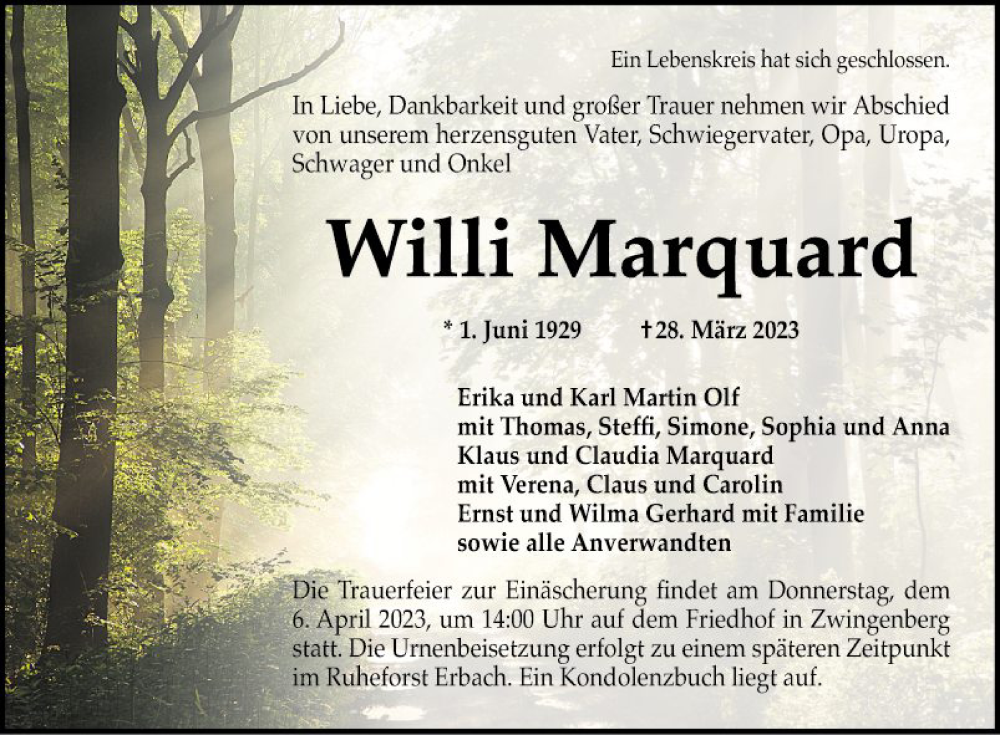  Traueranzeige für Willi Marquard vom 01.04.2023 aus Bergsträßer Anzeiger