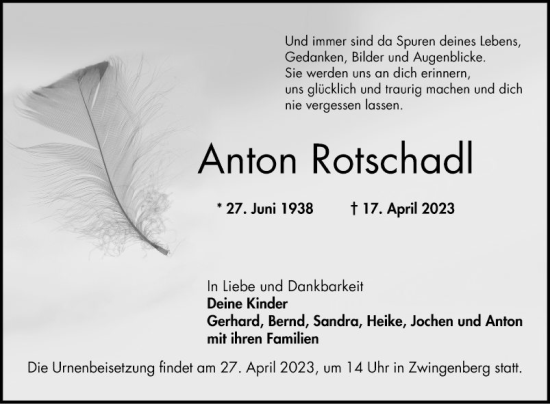 Traueranzeige von Anton Rotschadl von Bergsträßer Anzeiger