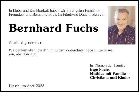 Traueranzeige von Bernhard Fuchs von Schwetzinger Zeitung