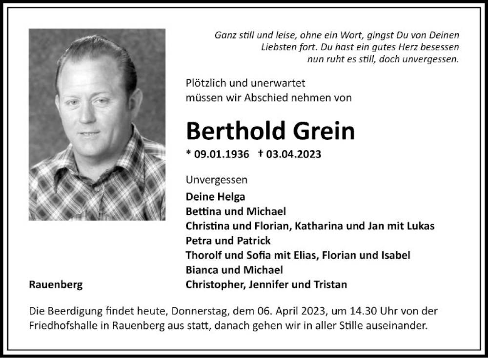  Traueranzeige für Berthold Grein vom 06.04.2023 aus Fränkische Nachrichten