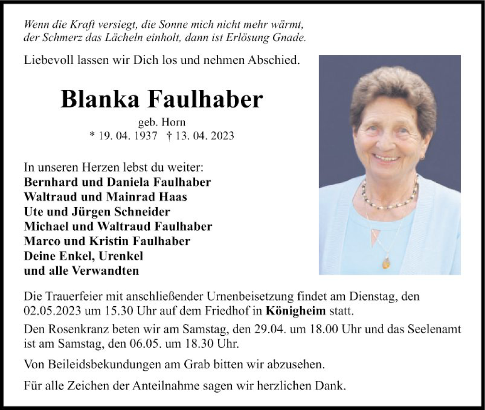  Traueranzeige für Blanka Faulhaber vom 26.04.2023 aus Fränkische Nachrichten