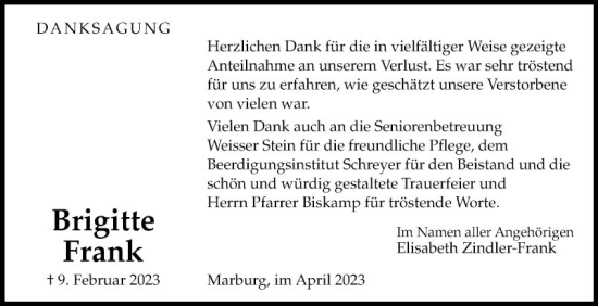 Traueranzeige von Brigitte Frank von Bergsträßer Anzeiger