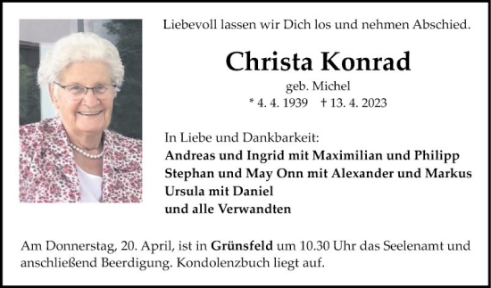 Traueranzeige von Christa Konrad von Fränkische Nachrichten