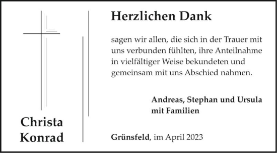 Traueranzeige von Christa Konrad von Fränkische Nachrichten