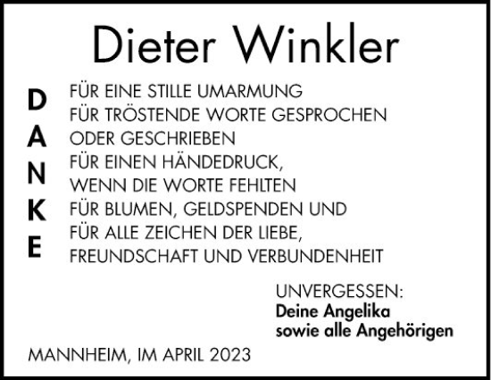 Traueranzeige von Dieter Winkler von Mannheimer Morgen