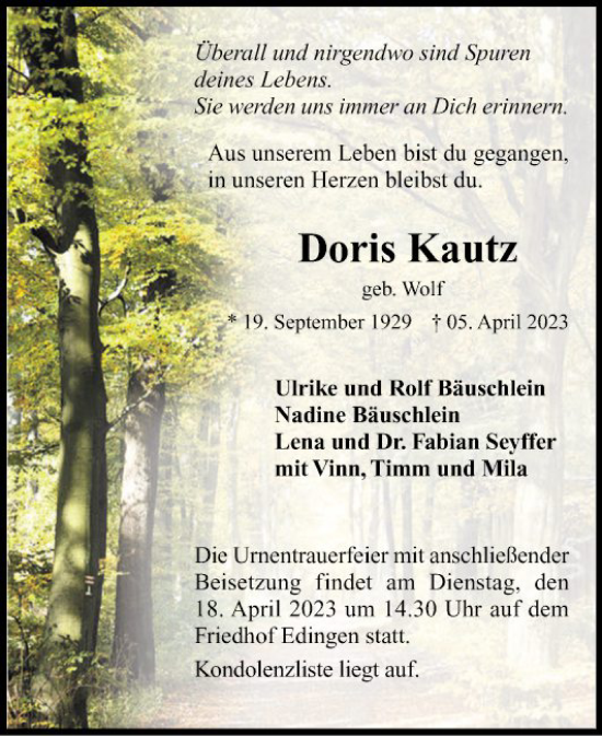 Traueranzeige von Doris Kautz von Mannheimer Morgen