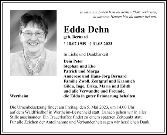 Traueranzeige von Edda Dehn von Fränkische Nachrichten