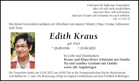 Traueranzeige von Edith Kraus von Schwetzinger Zeitung