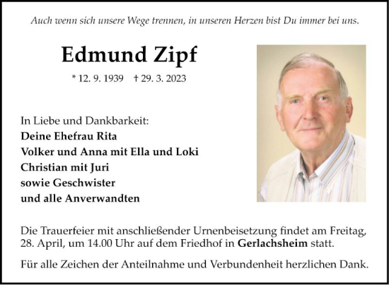Traueranzeige von Edmund Zipf von Fränkische Nachrichten