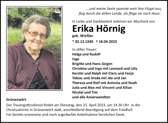 Traueranzeige von Erika Hörnig von Fränkische Nachrichten
