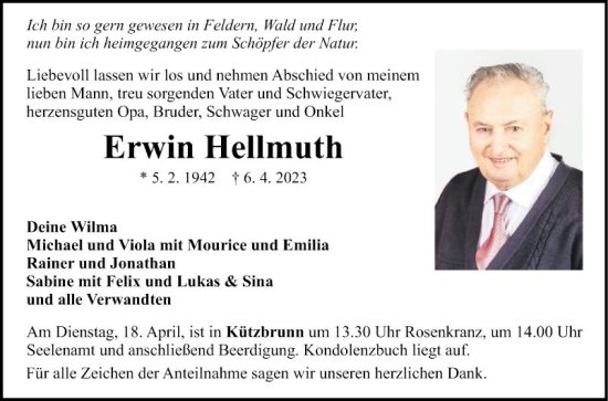 Traueranzeige von Erwin Hellmuth von Fränkische Nachrichten