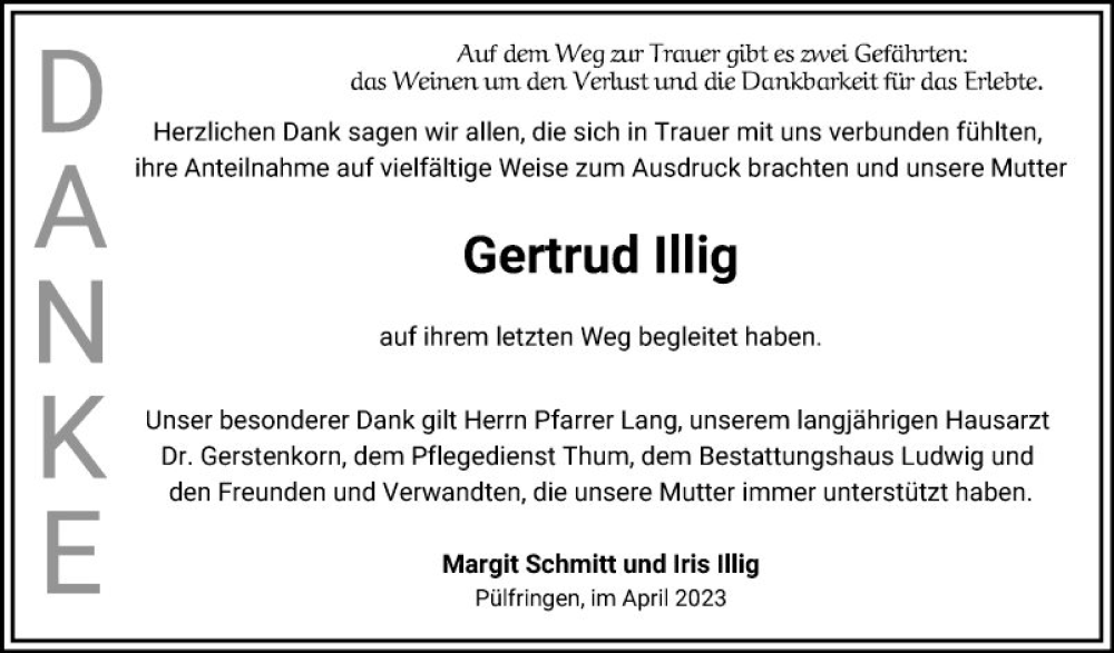  Traueranzeige für Gertrud Illig vom 29.04.2023 aus Fränkische Nachrichten
